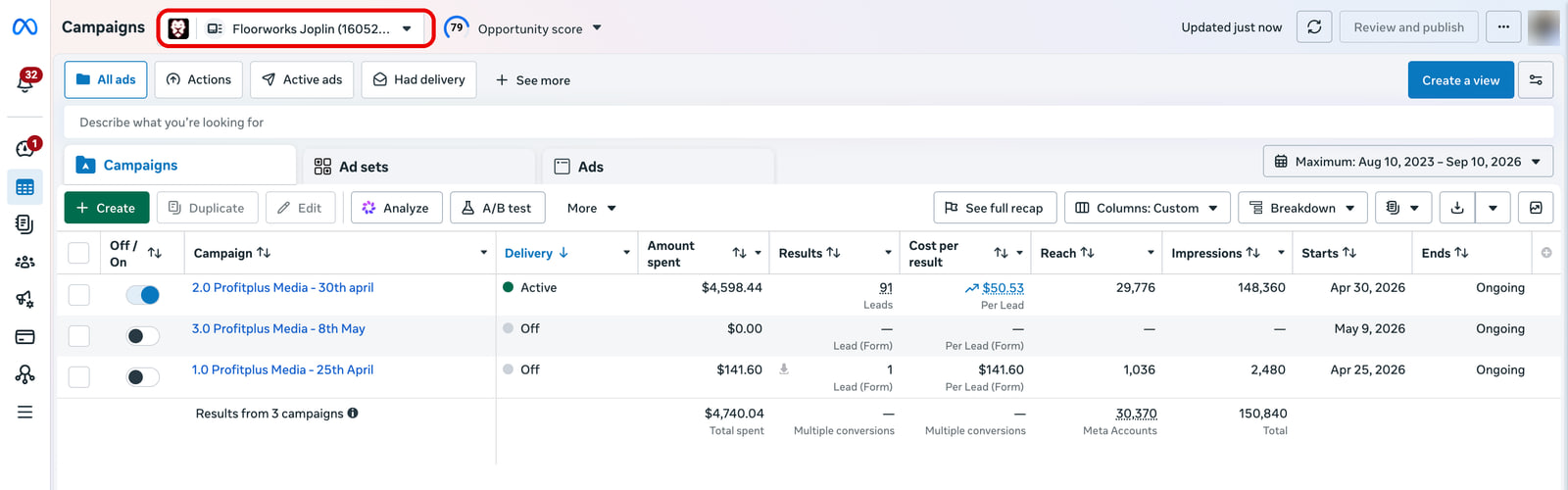 Meta Ads Manager, Floorworks Joplin, campaigns view, the account maximum date range read on September 10 2026.