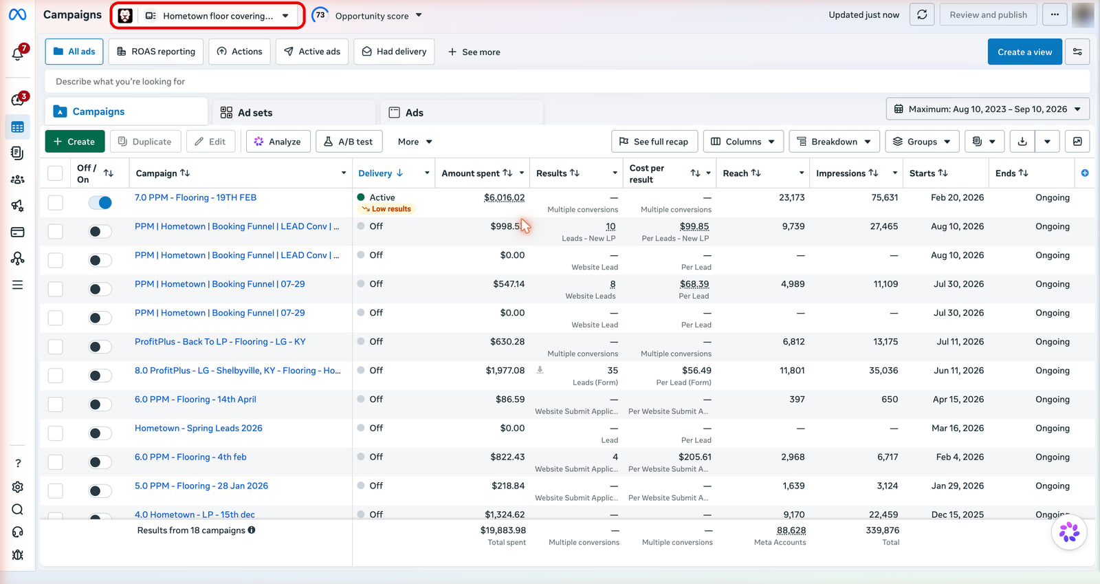Meta Ads Manager, Hometown Floor Covering, campaigns view, the account maximum date range read on September 10 2026.