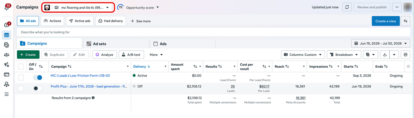 Meta Ads Manager, MC Flooring and Tile, campaigns view, June 19 to July 30 2026.