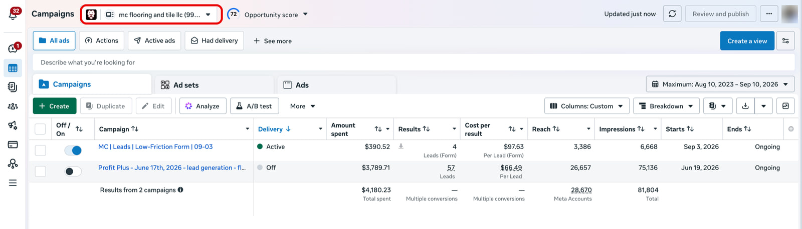 Meta Ads Manager, MC Flooring and Tile, campaigns view, the account maximum date range read on September 10 2026.