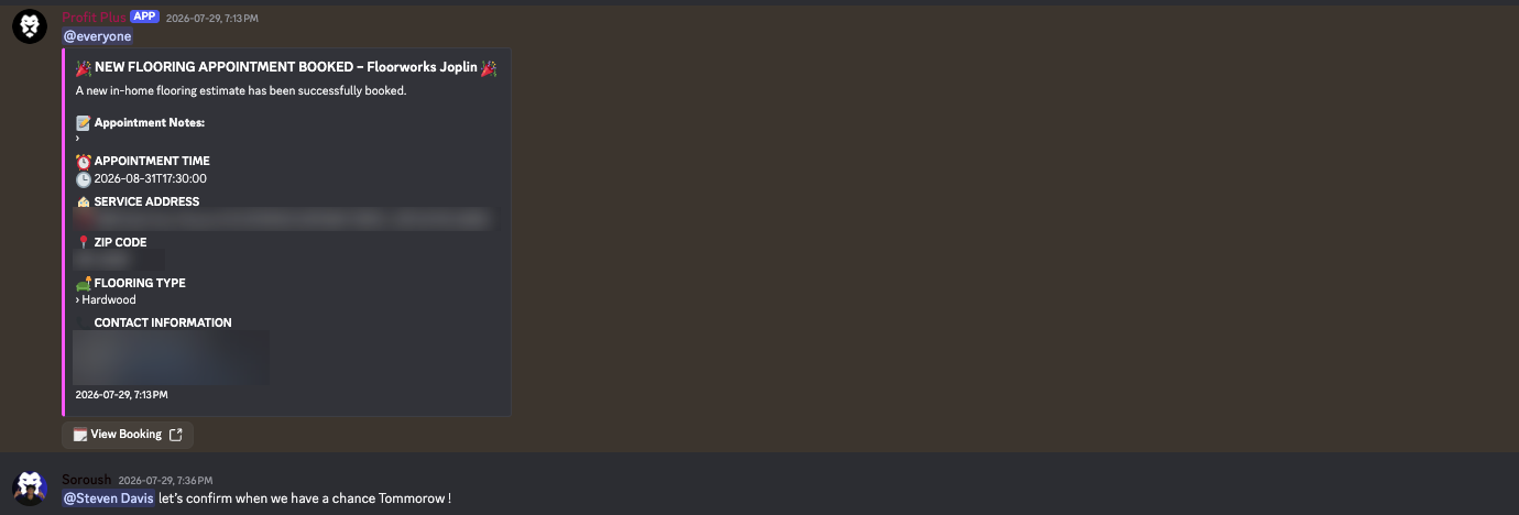 Screenshot of a private client channel: a booking alert and the follow-up message arranging confirmation, personal details blurred out.