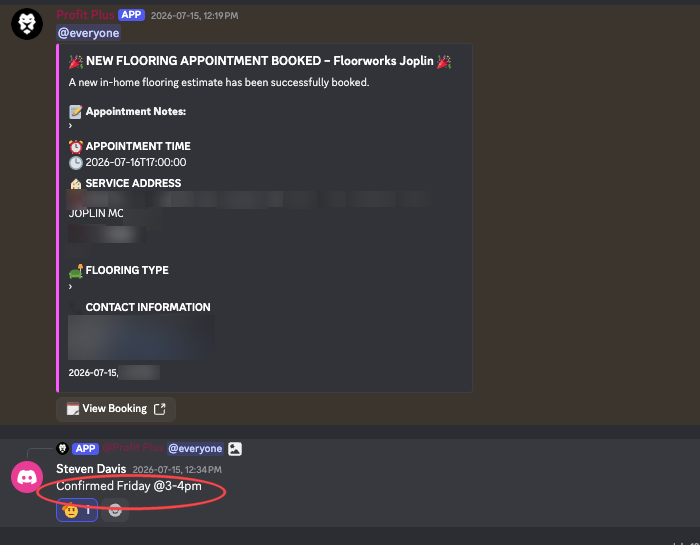 Screenshot of a private client channel: a booking alert followed by the owner confirming the appointment slot, personal details blurred out.