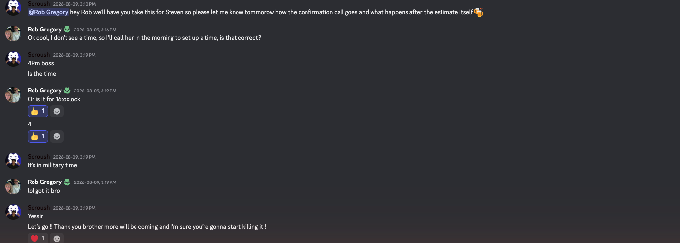 Screenshot of a private client channel: the team and the client work out who calls and when, personal details blurred out.