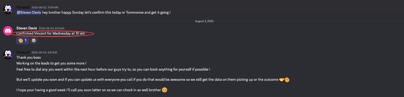 Screenshot of a private client channel: the owner confirms an appointment in the thread the morning after it was booked, personal details blurred out.