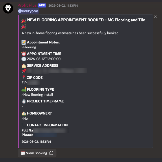 Screenshot of a private client channel: a booking alert posted late at night, with the address and contact block blurred out.